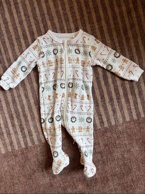 Petit Lem Cream Waffle-Knit Holiday Footed One-Piece